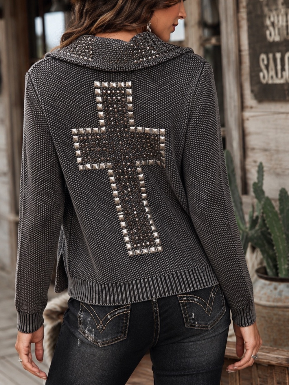 Vocal Studded Jeweled Cross Sweater Jacket Asymmetrical Zip Chunky Knit Cardigan